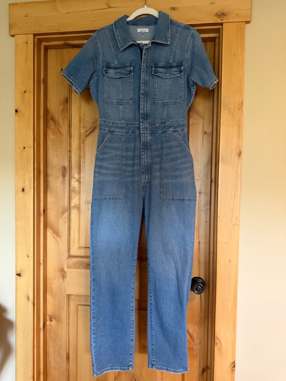 Good American Jean Zip-Front Short Sleeve Jumpsuit